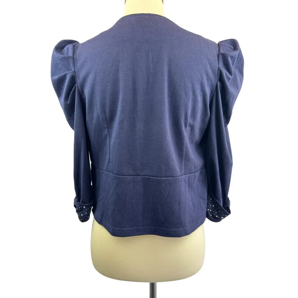 Eva Braun Puff Sleeve Cardigan Jacket Womens SM Navy Blue Rhinestone - Picture 4 of 10